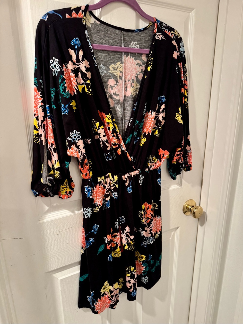 Floral V-Neck Black Wrap Dress